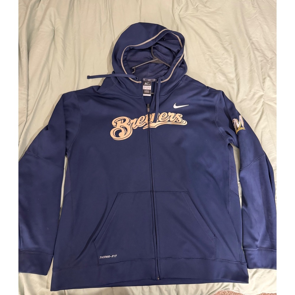 Nike Milwaukee Brewers Therma-FIT Full Zip Hoodie Navy Blue Mens XXL MLB Jacket - Picture 4 of 4